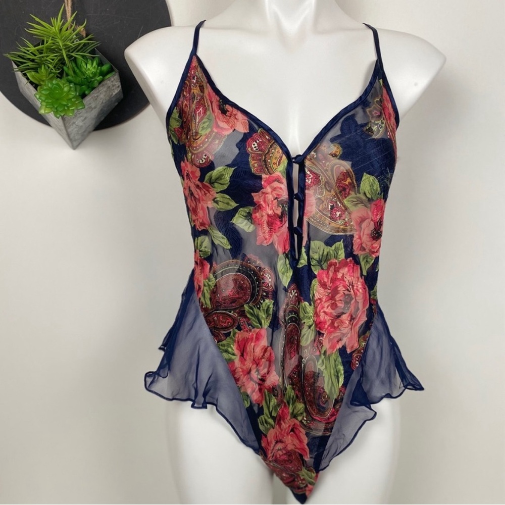Vintage Gold Label Victoria’s Secret Sheer Navy Blue Floral Teddy